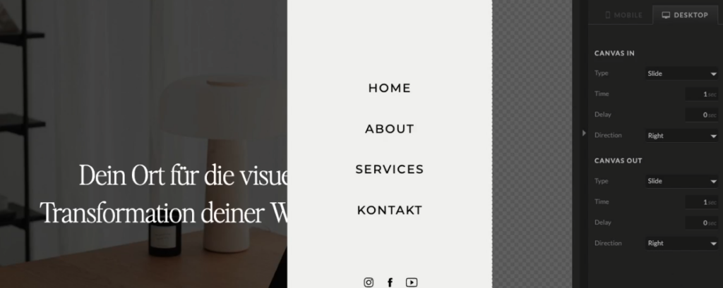 Slide In Menu Animation in Showit erstellen