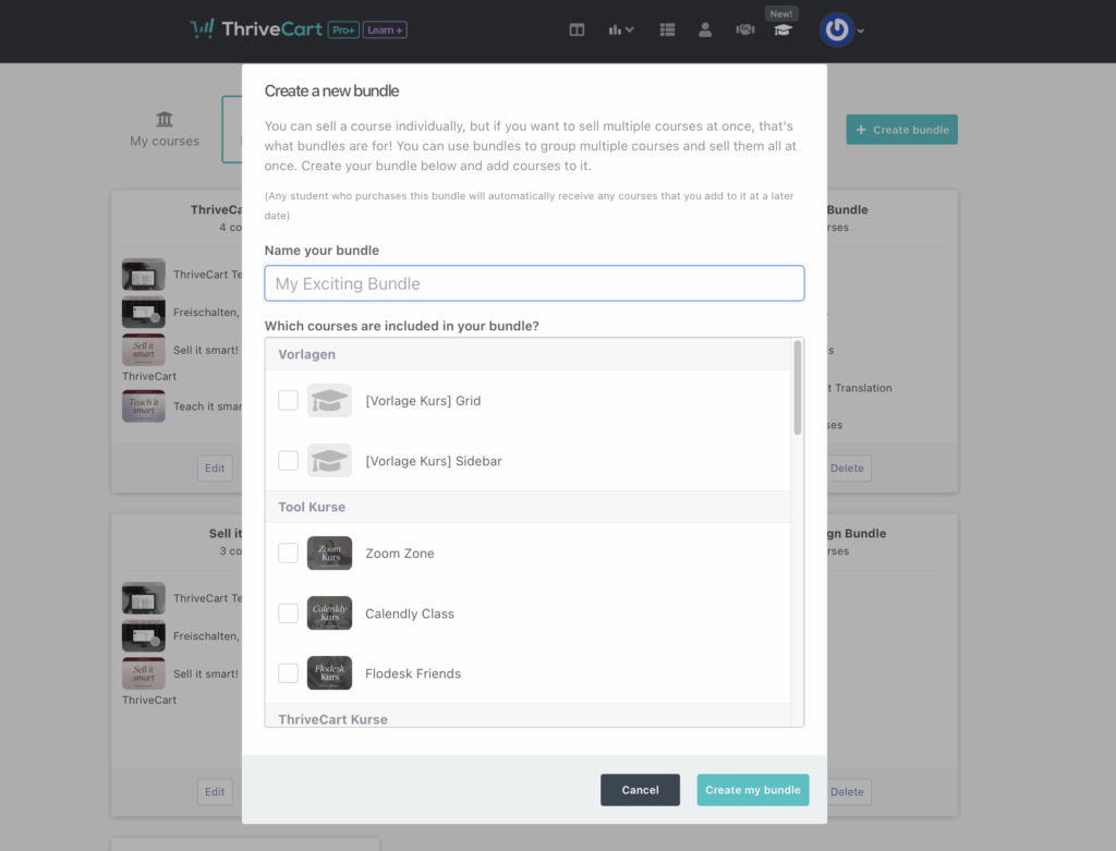 Benutzeroberfläche von ThriveCart Learn+ die zeigt wie man Bundles anlegt.