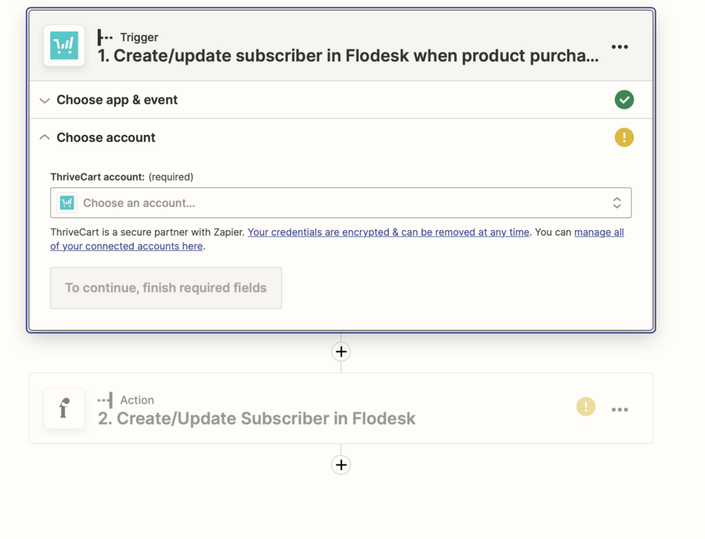 Verbindung von Thrivecart zu Flodesk, Workflow um Kunde zu übertragen