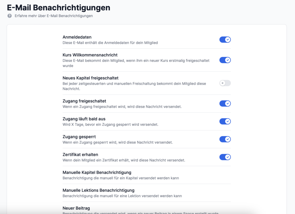 E-Mail Benachrichtigungen einstellen und individualisieren für Onlinekurs in Memberspot